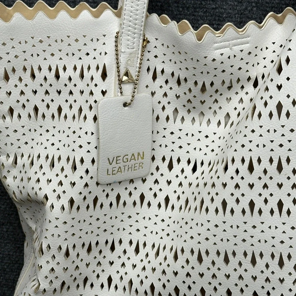Madison West Laser Cut Perforated Scalloped White Vegan Leather‎ Tote Bag